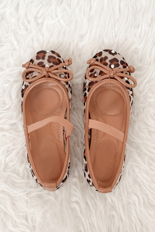 Kids Girls Mesh Rhinestone Mary Janes Ballet Flats Shoes-Leopard Print