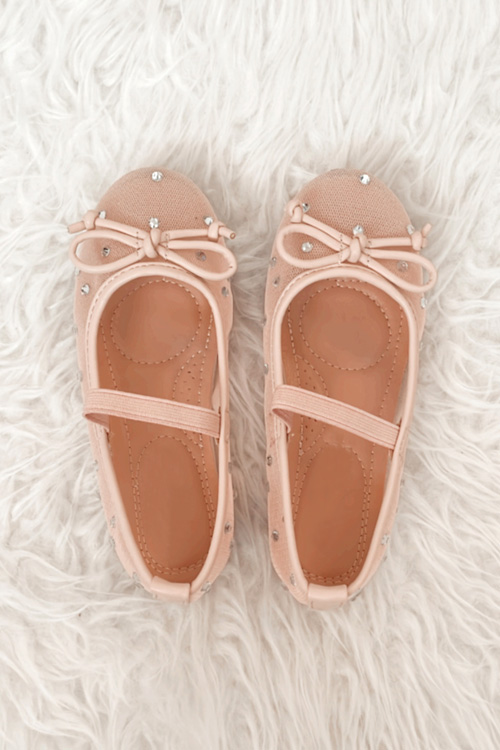 Kids Girls Mesh Rhinestone Mary Janes Ballet Flats Shoes-Nude Beige